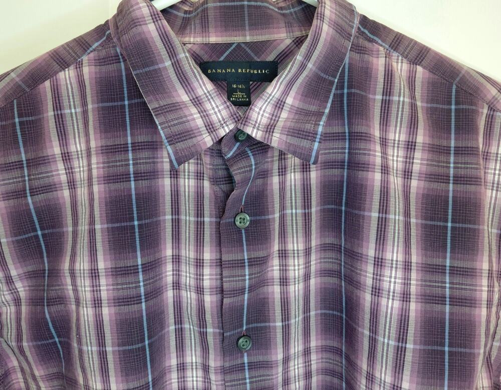 Banana Republic Mens Large Plaid Button Up Shirt 16-16.5 Purple Ombre 100 Cotton